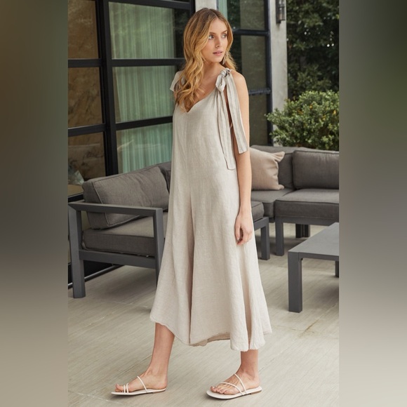 (9879/255108-SOL-BGE) TIE SHOULDER V-NECK LINEN JUMPSUIT - Picture 3 of 3